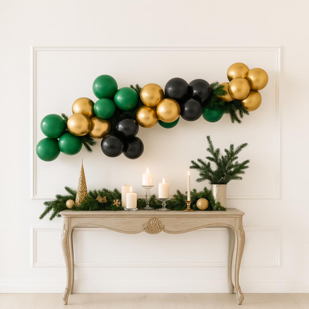 Christmas Balloon Garland DIY Kit Party Arch Evergreen Black Mirror Gold