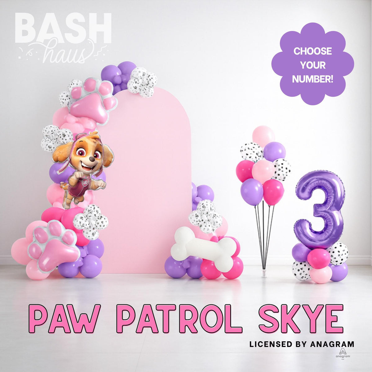 Skye Paw Patrol Licensed Balloon Garland DIY Kit Party Arch Pink Lavender Berry Pawprint Birthday Backdrop Photo Booth B