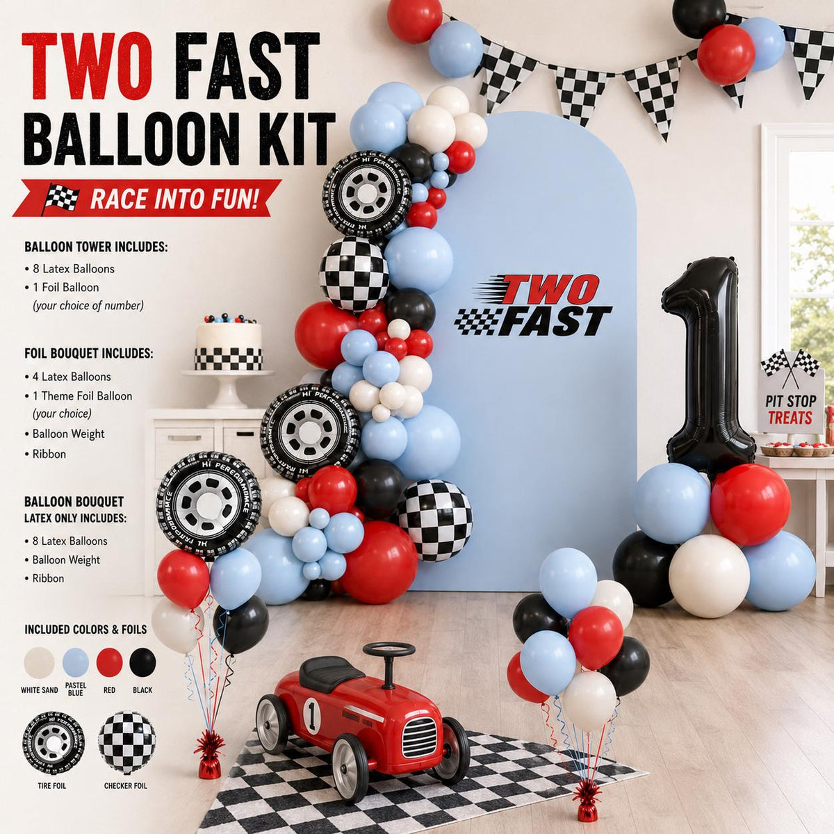 Two Fast DIY Balloon Garland Kit Race Car 2nd Birthday Party Decorations Red Blue Black Checkered Flag Tire Racing Foil