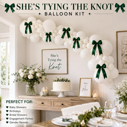 She's Tying The Knot Balloon Kit | White Balloons Green Satin Bow Bachelorette Decor | Bridal Shower Garland | Coquette 