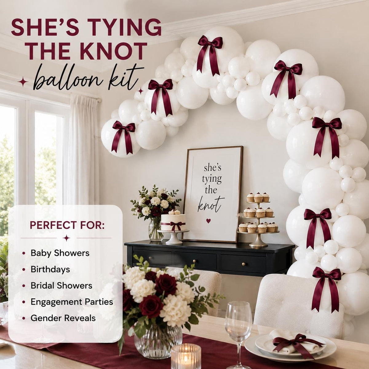 She's Tying The Knot Balloon Kit | White Balloons Burgundy Satin Bow Bachelorette Decor | Bridal Shower Garland | Coquet