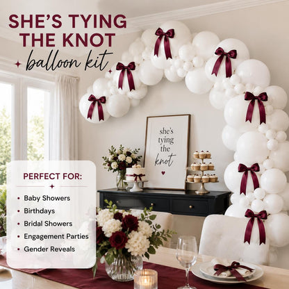 She's Tying The Knot Balloon Kit | White Balloons Burgundy Satin Bow Bachelorette Decor | Bridal Shower Garland | Coquet