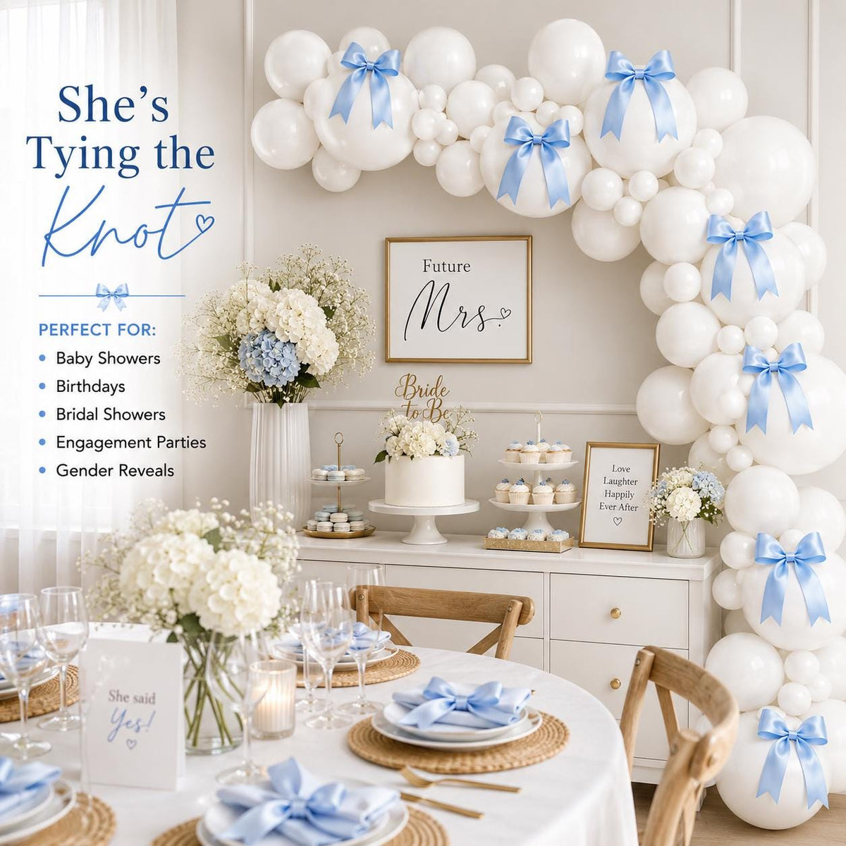 She's Tying The Knot Balloon Kit | White Balloons Light Blue Satin Bow Bachelorette Decor | Bridal Shower Garland | Coqu