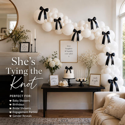 She's Tying The Knot DIY Balloon Garland Kit Bridal Shower Bachelorette White Balloons Black Satin Bows Engagement Party