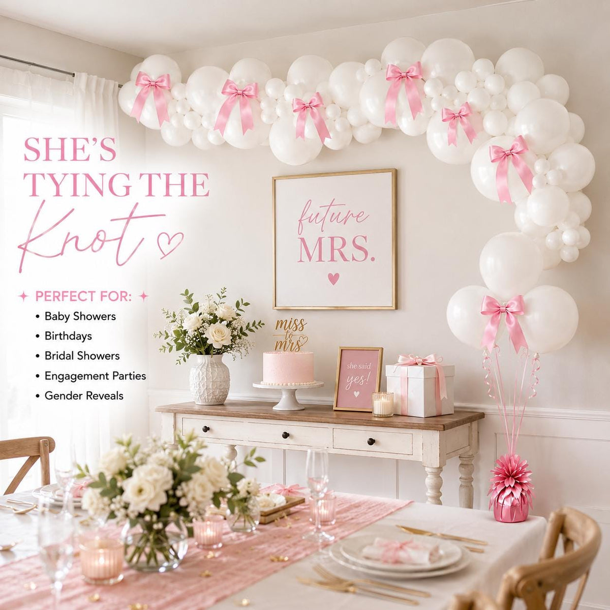 She's Tying The Knot DIY Balloon Garland Kit Bridal Shower Bachelorette White Balloons Light Pink Satin Bows Engagement 