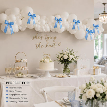 She's Tying The Knot Balloon Kit | White Balloons Sky Blue Satin Bow Bachelorette Decor | Bridal Shower Garland | Coquet