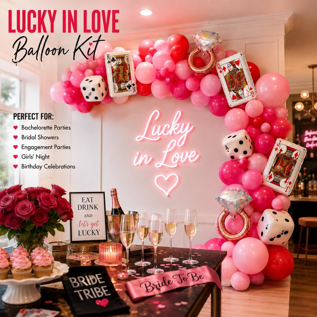 Lucky in Love DIY Balloon Garland Kit Bachelorette Bridal Shower Casino Party Pink Red Cards Dice Diamond Ring Foil Enga