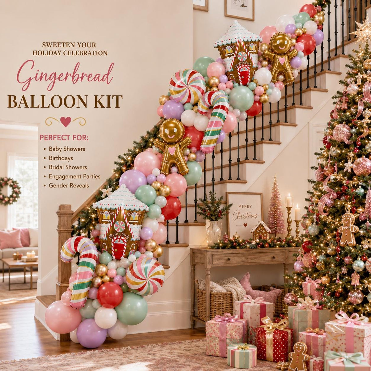 Gingerbread Christmas DIY Balloon Garland Kit Sweet One First Birthday Baby Shower Candy Cane Peppermint Gingerbread Hou