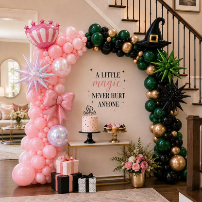 Wickedly Charmed DIY Balloon Garland Kit Good Witch Bad Witch Birthday Party Pink Green Black Gold Witch Hat Crown Starb