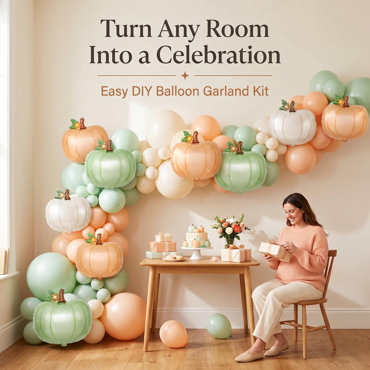 A Little Pumpkin Is On The Way balloon garland party setup