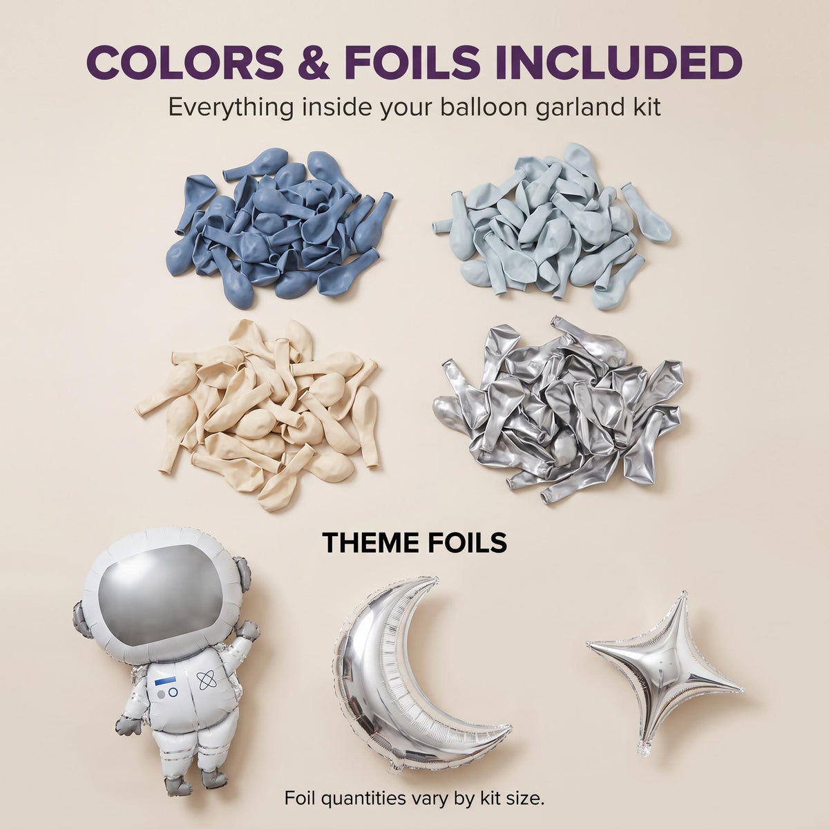 Latex colors and foil balloons included in the Space Astronaut balloon garland kit