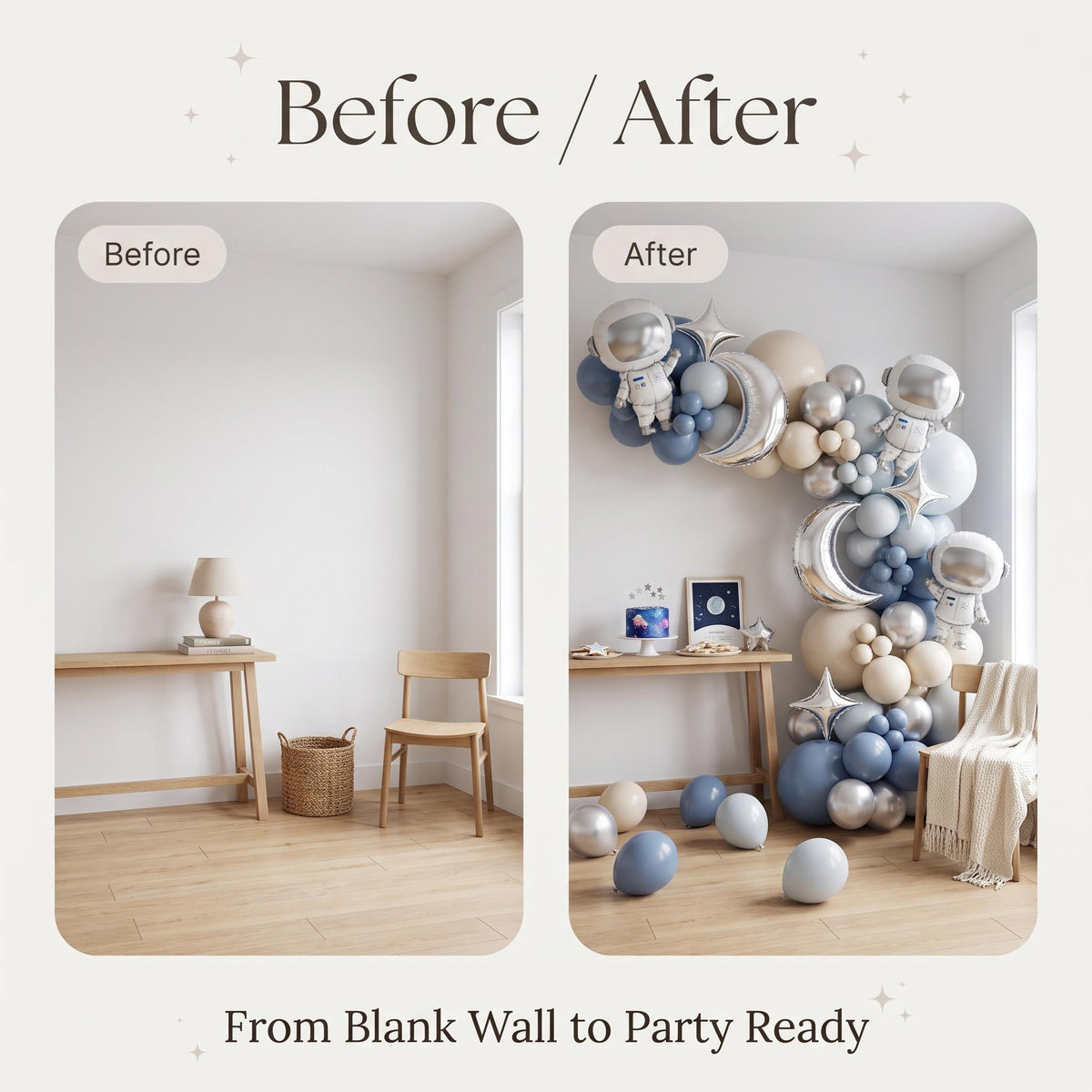 Before and after: a blank wall and the same wall with the Space Astronaut balloon garland