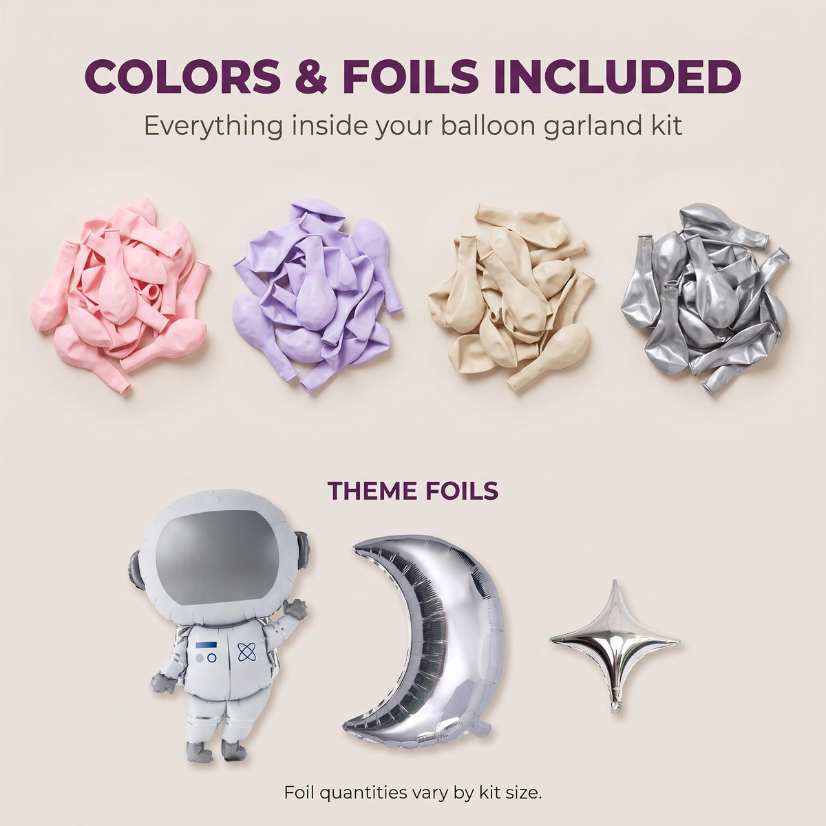 Latex colors and foil balloons included in the Pink Space Astronaut balloon garland kit