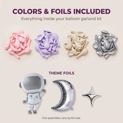 Latex colors and foil balloons included in the Pink Space Astronaut balloon garland kit