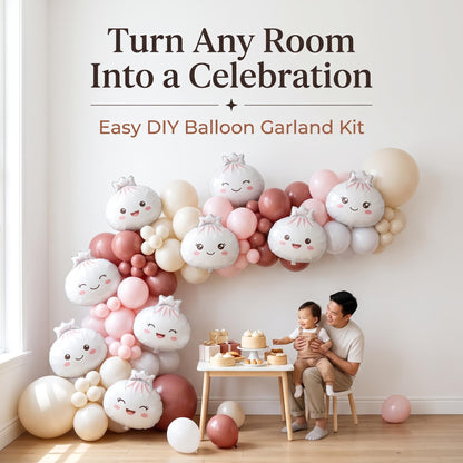Our Little Dumpling balloon garland party setup