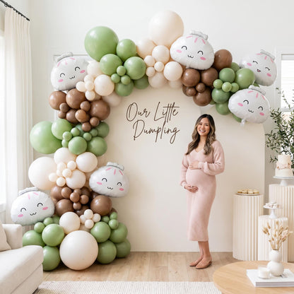 Our Little Dumpling (Matcha) balloon garland styled at a party