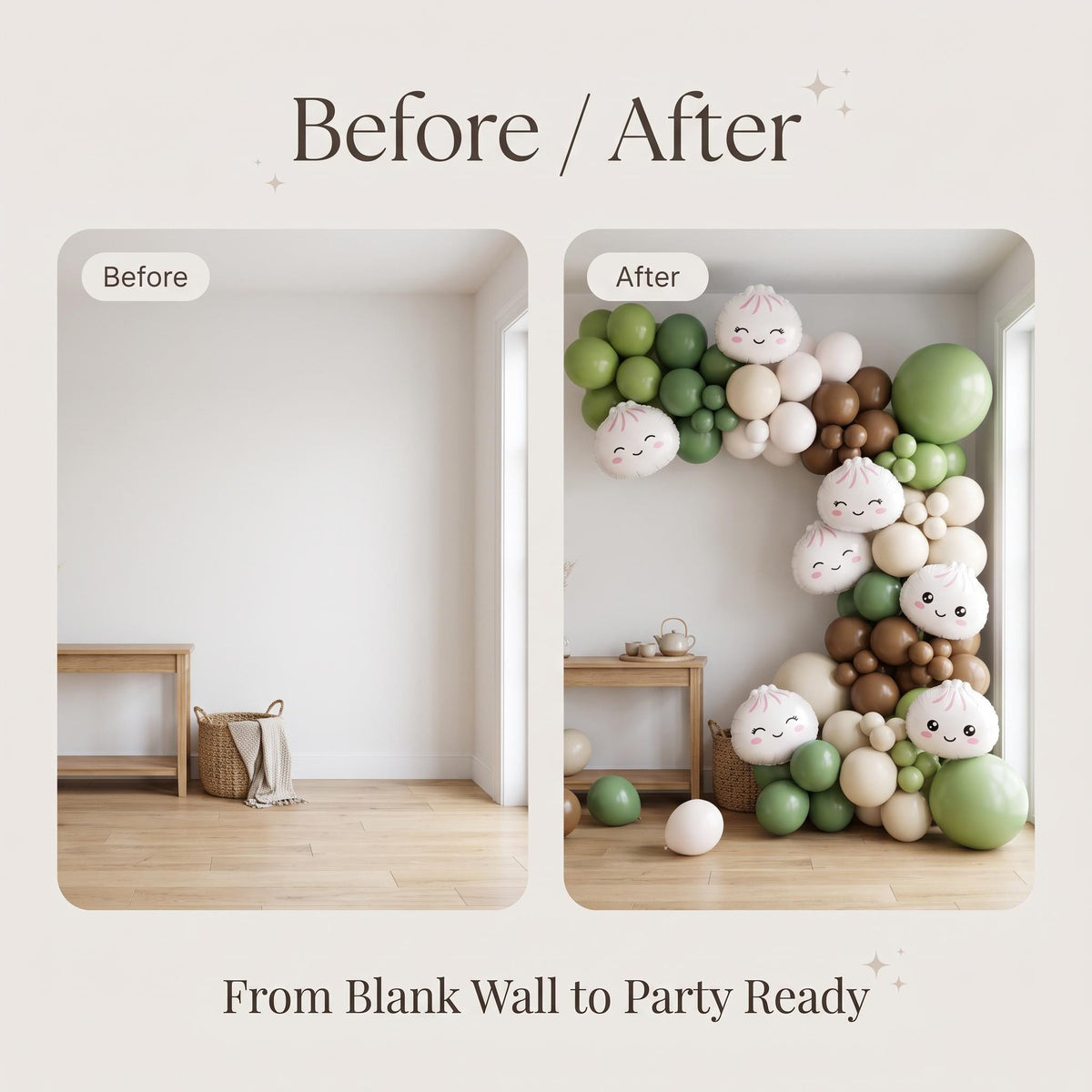 Before and after: a blank wall and the same wall with the Our Little Dumpling (Matcha) balloon garland