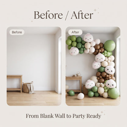 Before and after: a blank wall and the same wall with the Our Little Dumpling (Matcha) balloon garland