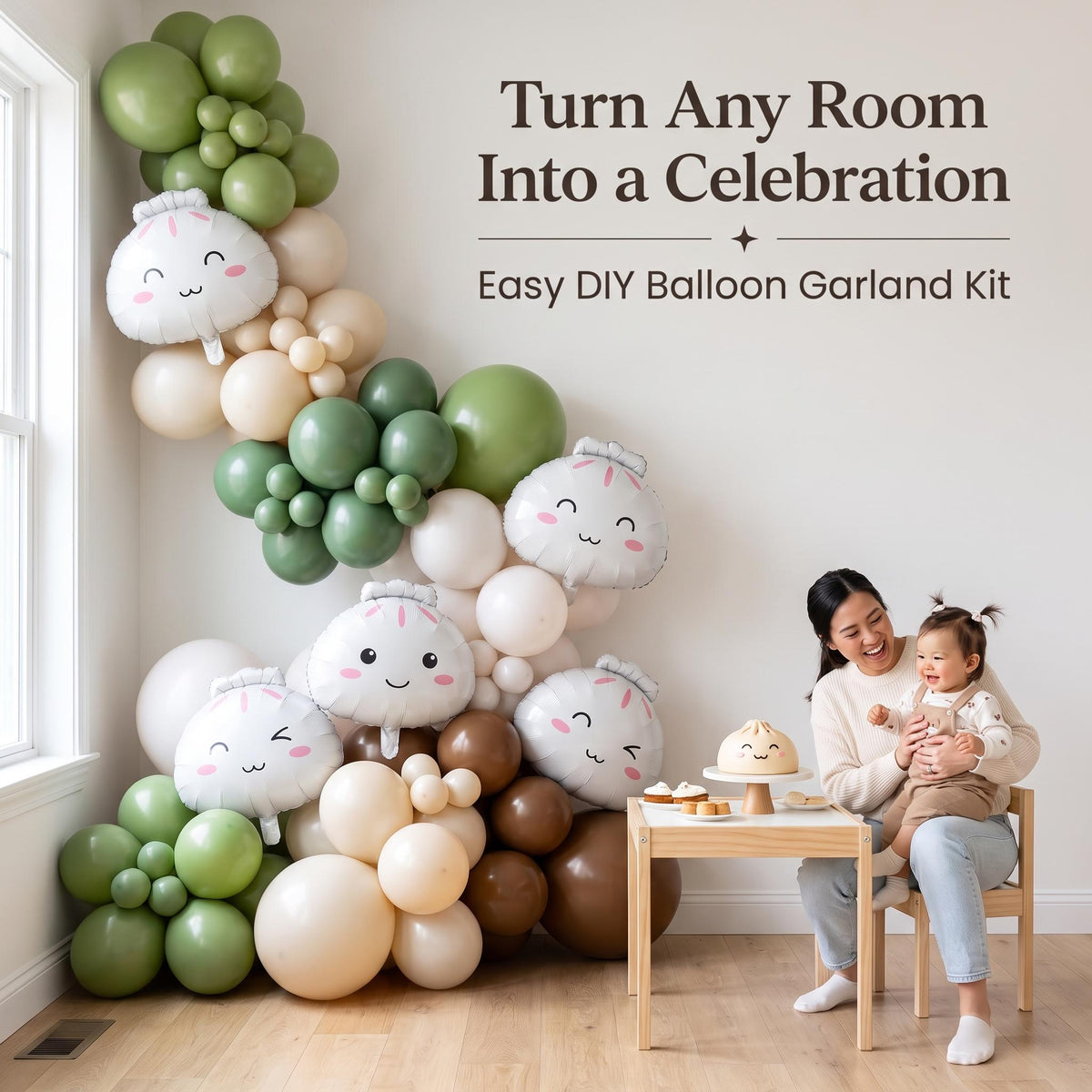 Our Little Dumpling (Matcha) balloon garland party setup