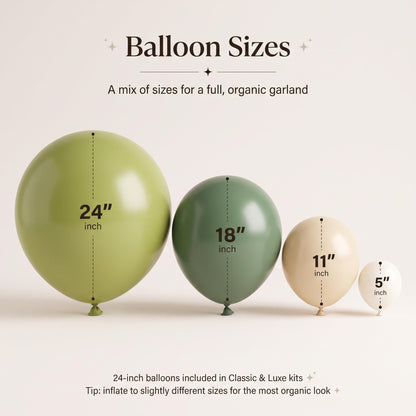 24, 18, 11 and 5 inch balloons in the Our Little Dumpling (Matcha) kit colors