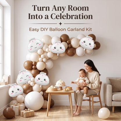 Our Little Dumpling (Neutral) balloon garland party setup