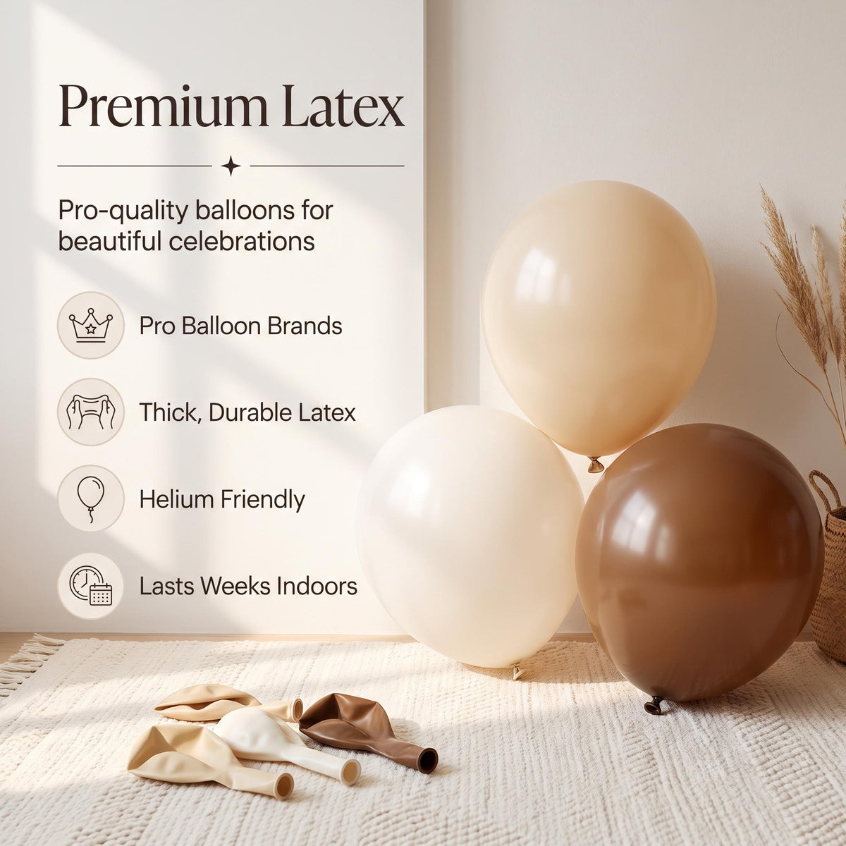 Premium latex balloons in the Our Little Dumpling (Neutral) kit colors
