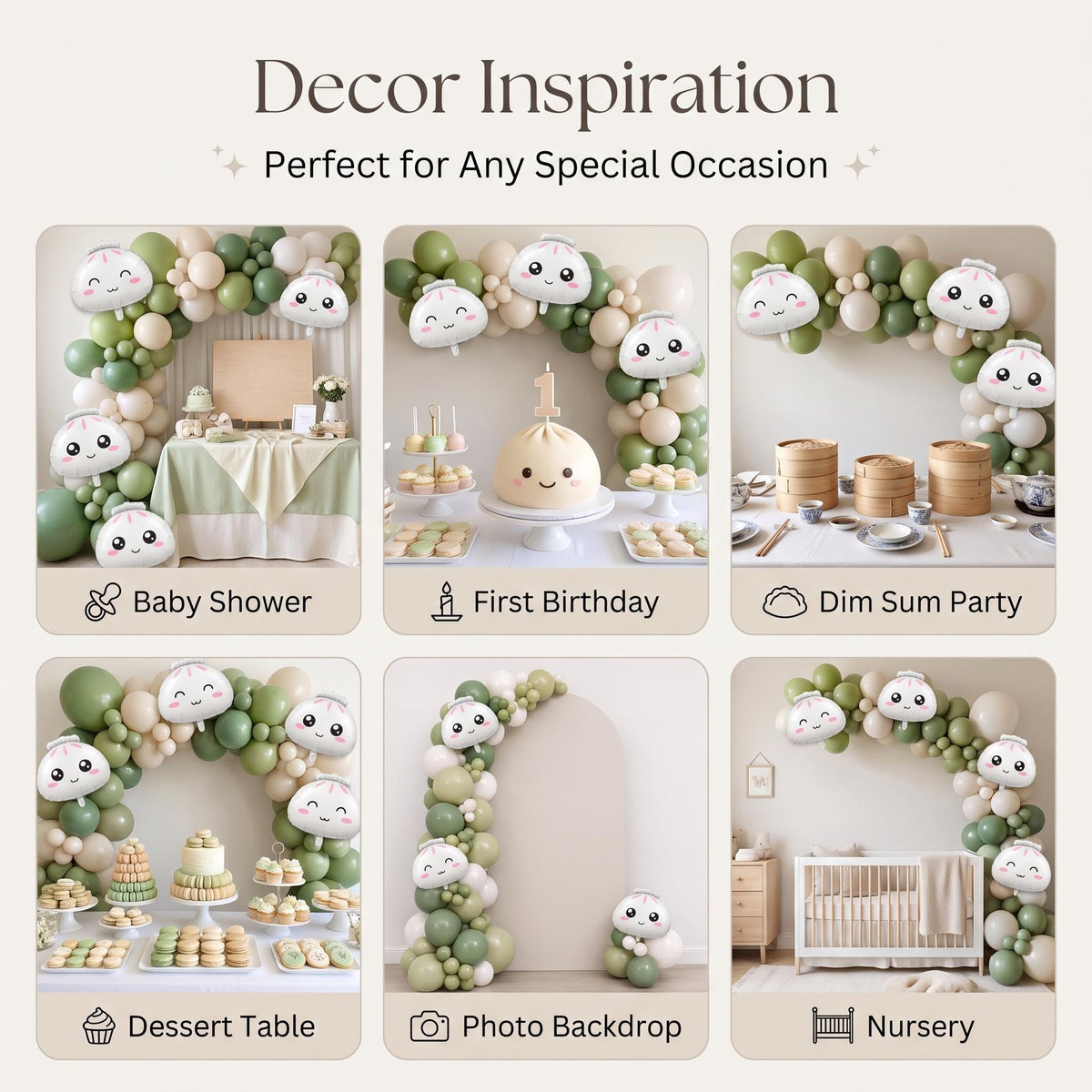Six ways to style the Our Little Dumpling (Matcha Cream) balloon garland