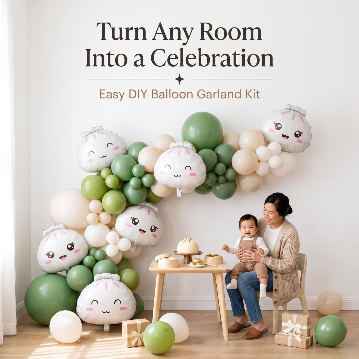 Our Little Dumpling (Matcha Cream) balloon garland party setup