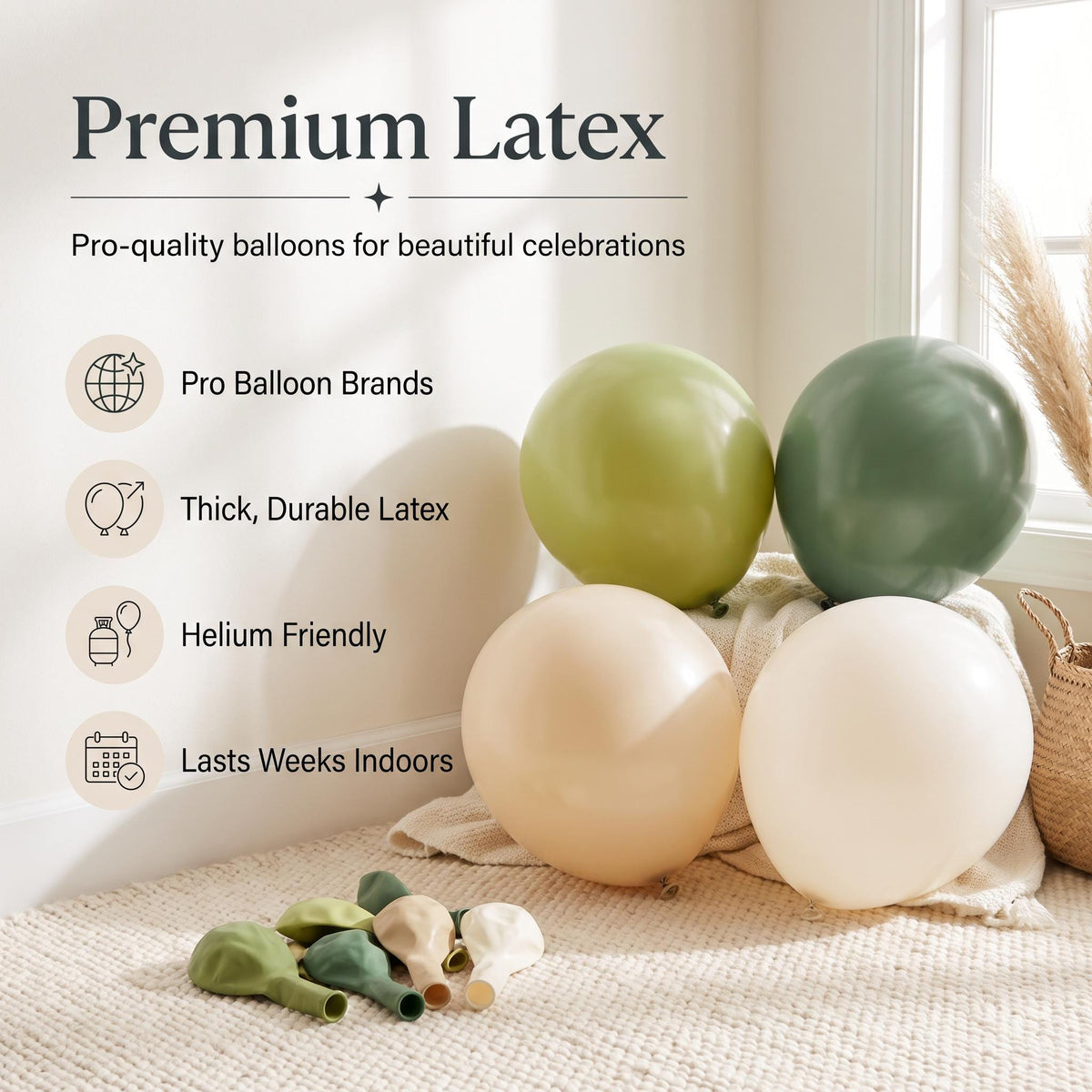 Premium latex balloons in the Our Little Dumpling (Matcha Cream) kit colors