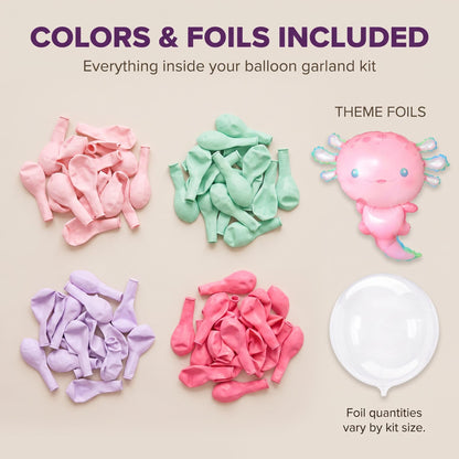 Latex colors and foil balloons included in the Pastel Axolotl balloon garland kit