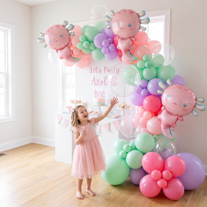 Pastel Axolotl balloon garland styled at a party