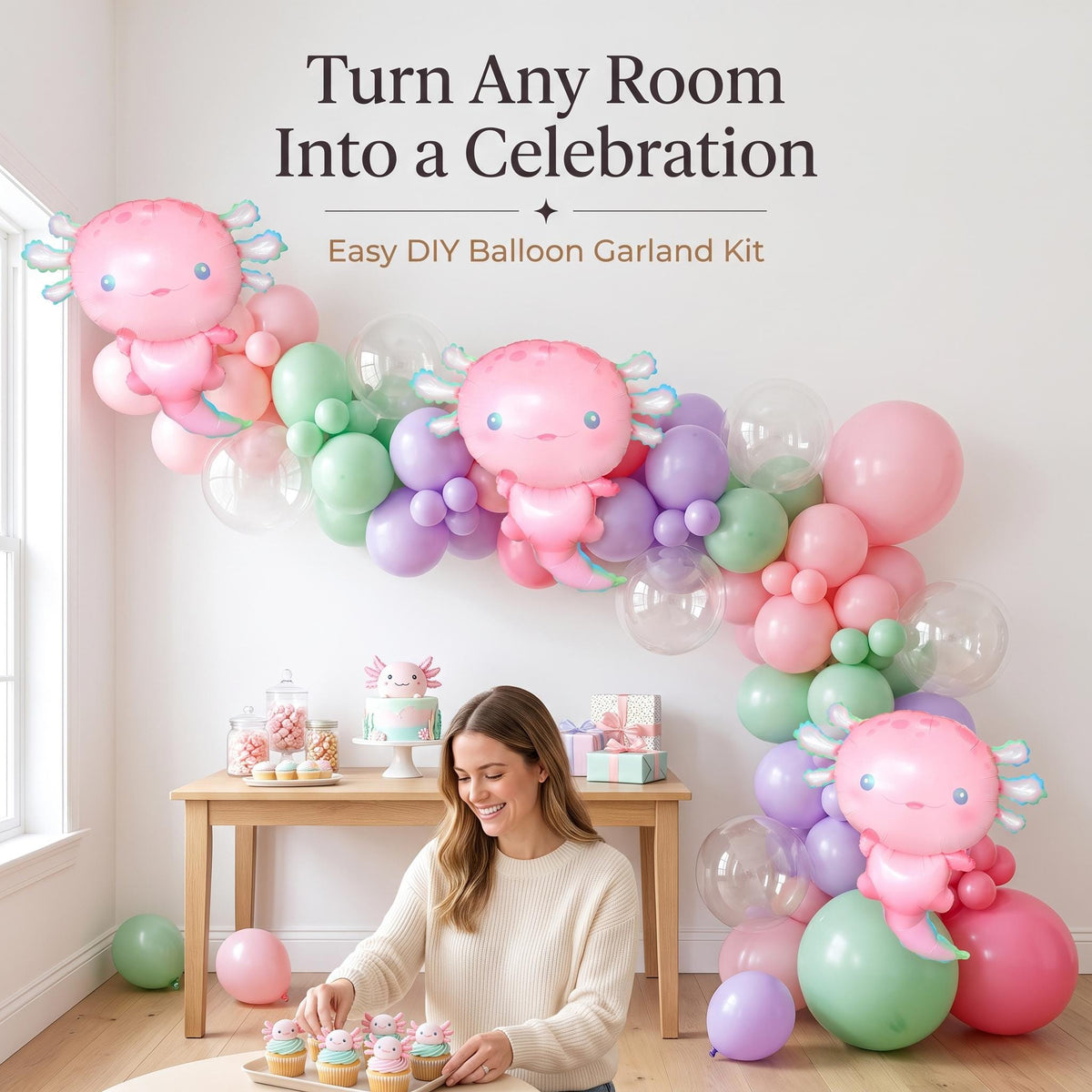 Pastel Axolotl balloon garland party setup