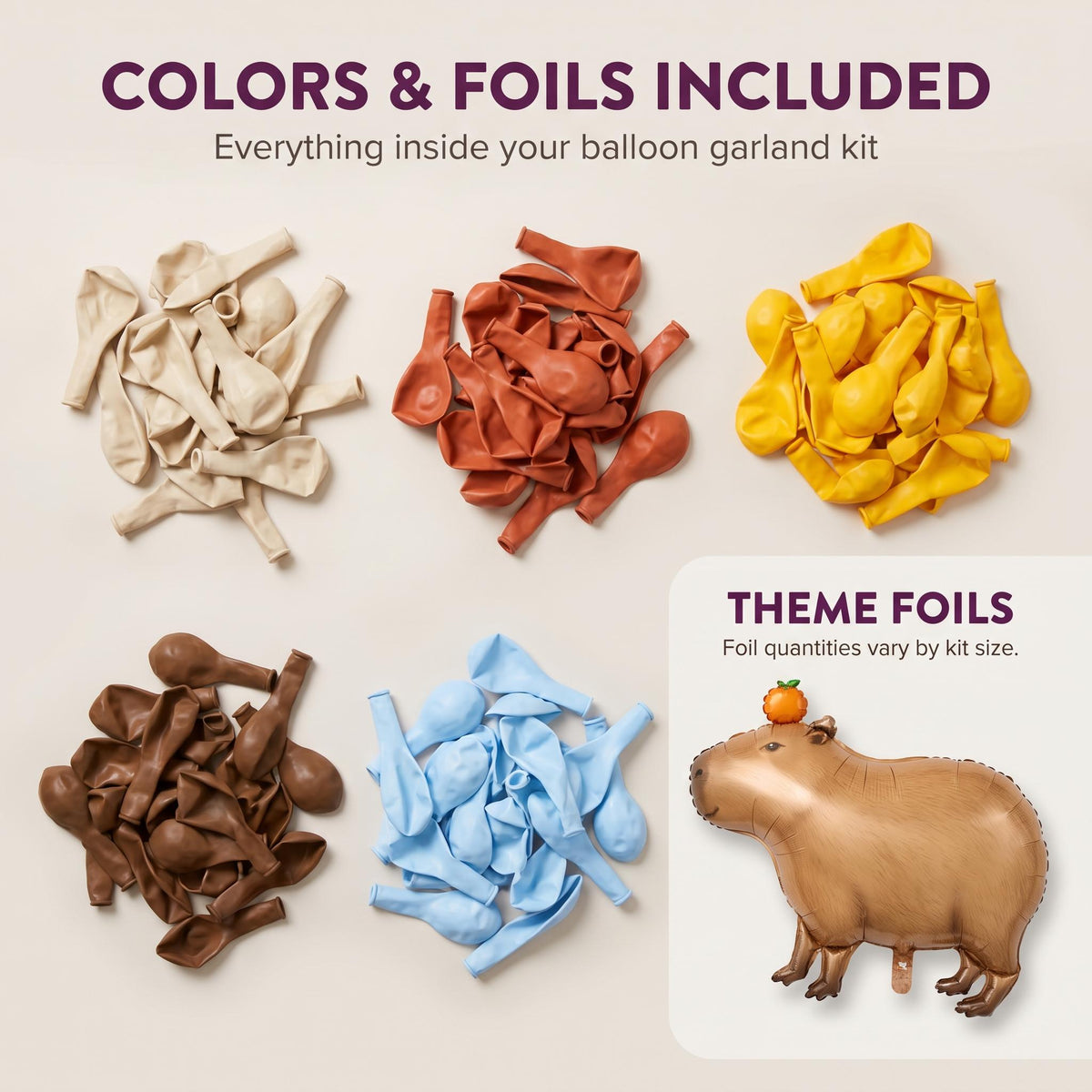 Latex colors and foil balloons included in the Chill Capybara balloon garland kit