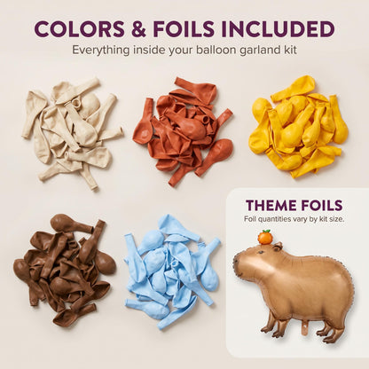 Latex colors and foil balloons included in the Chill Capybara balloon garland kit