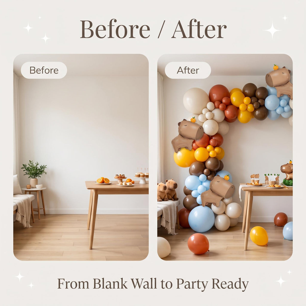 Before and after: a blank wall and the same wall with the Chill Capybara balloon garland