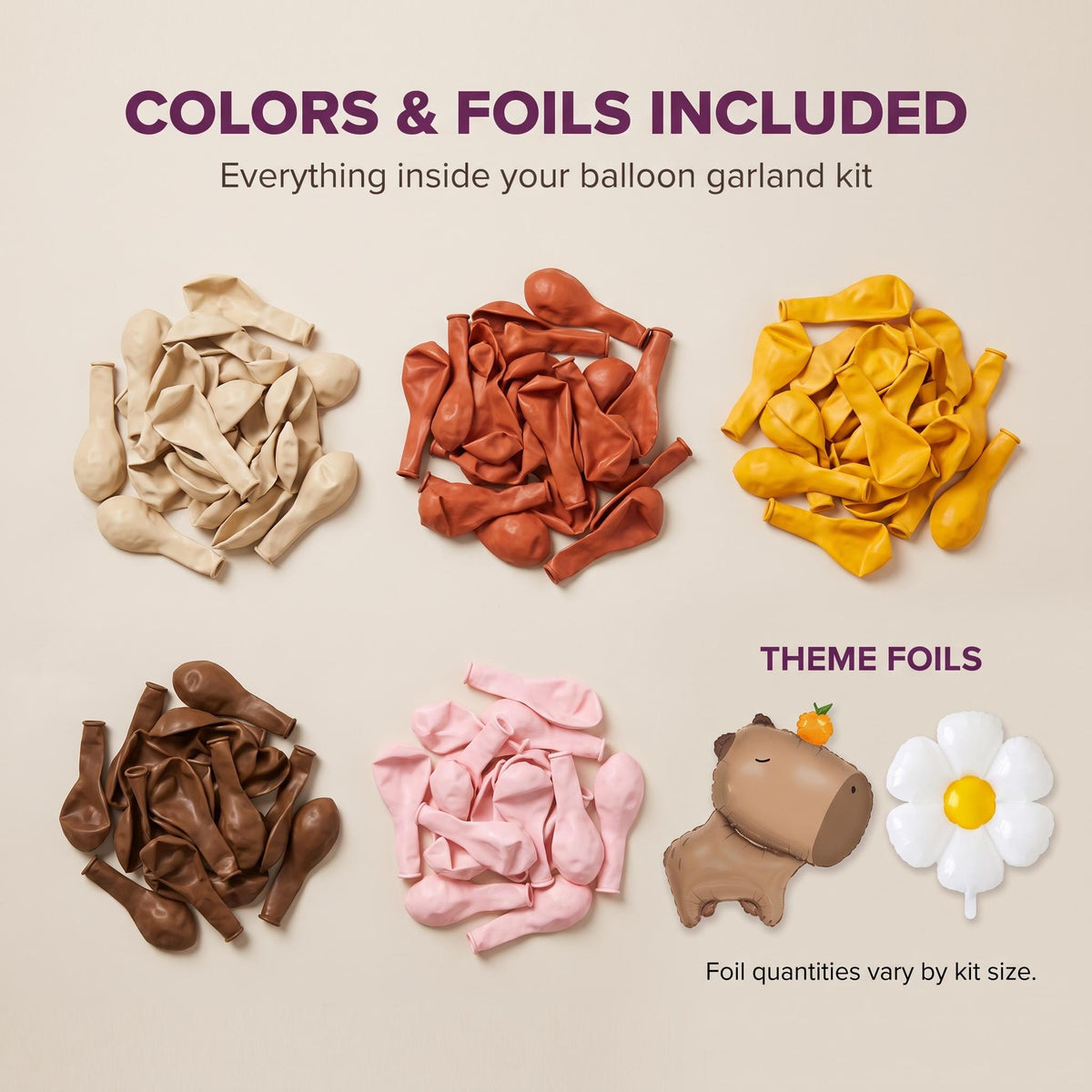Latex colors and foil balloons included in the Chill Capybara (Pink Daisy) balloon garland kit