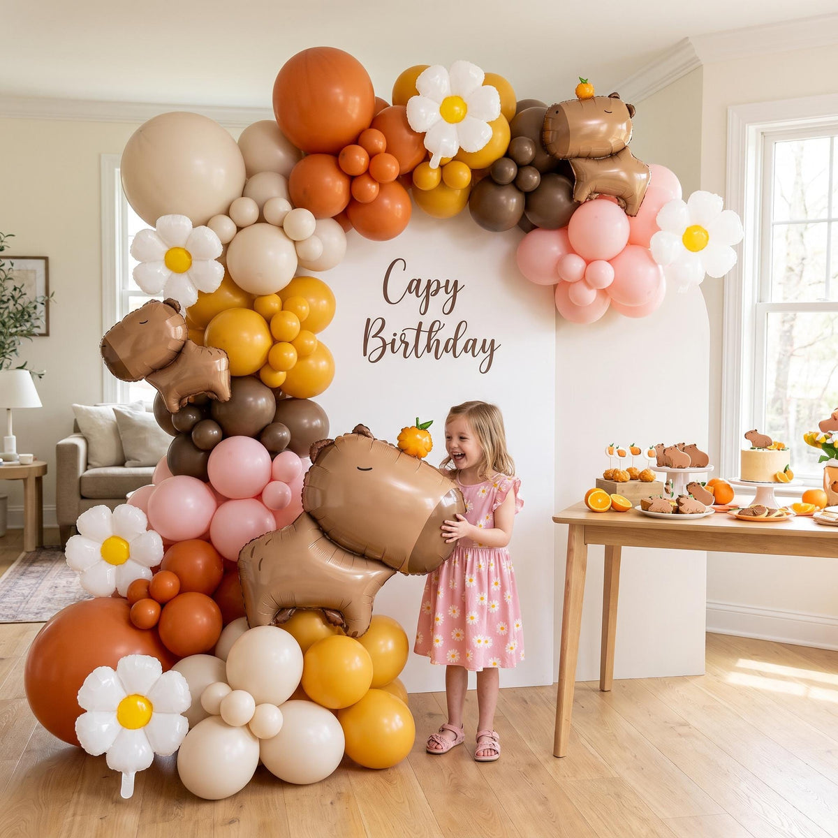 Chill Capybara (Pink Daisy) balloon garland styled at a party