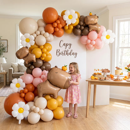 Chill Capybara (Pink Daisy) balloon garland styled at a party