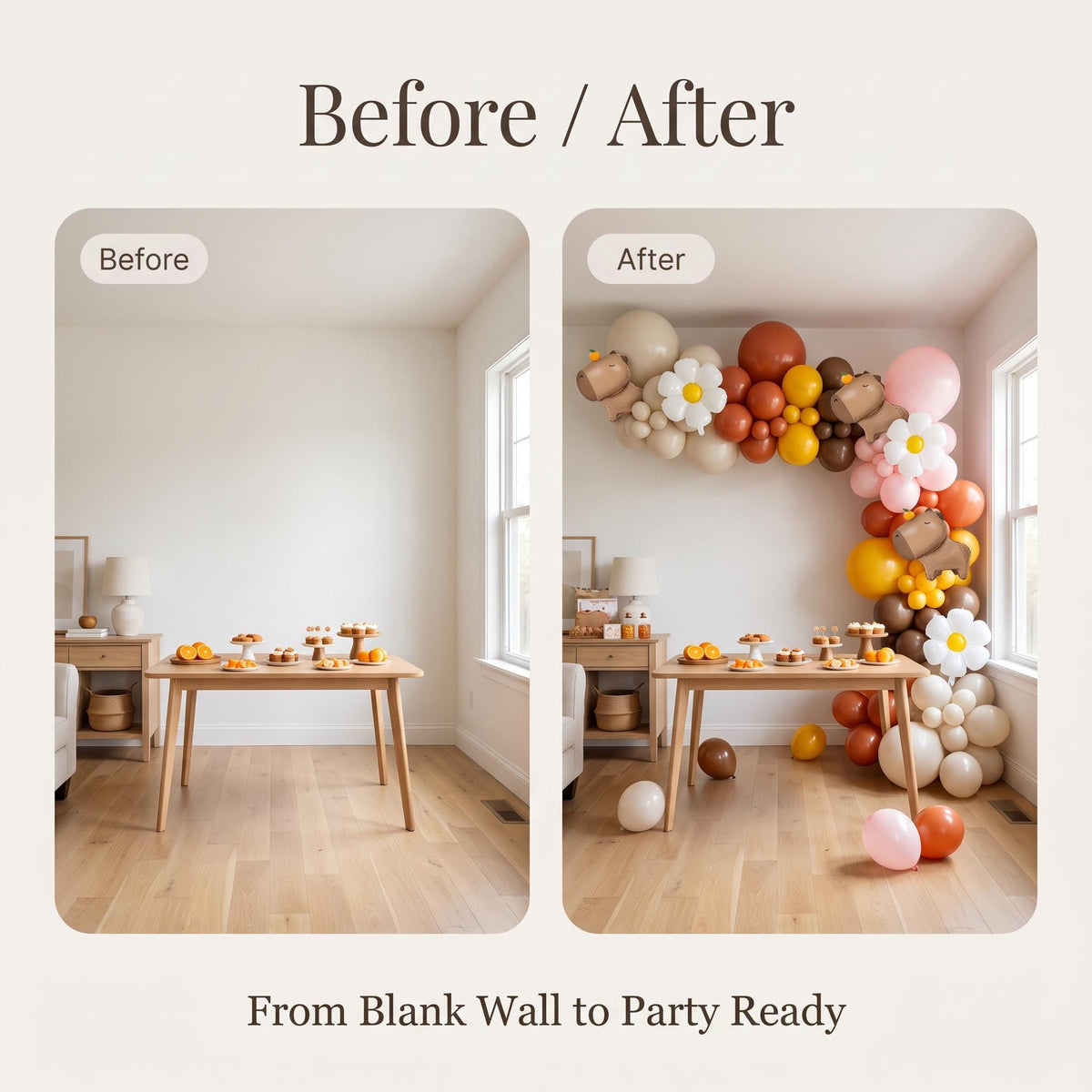 Before and after: a blank wall and the same wall with the Chill Capybara (Pink Daisy) balloon garland