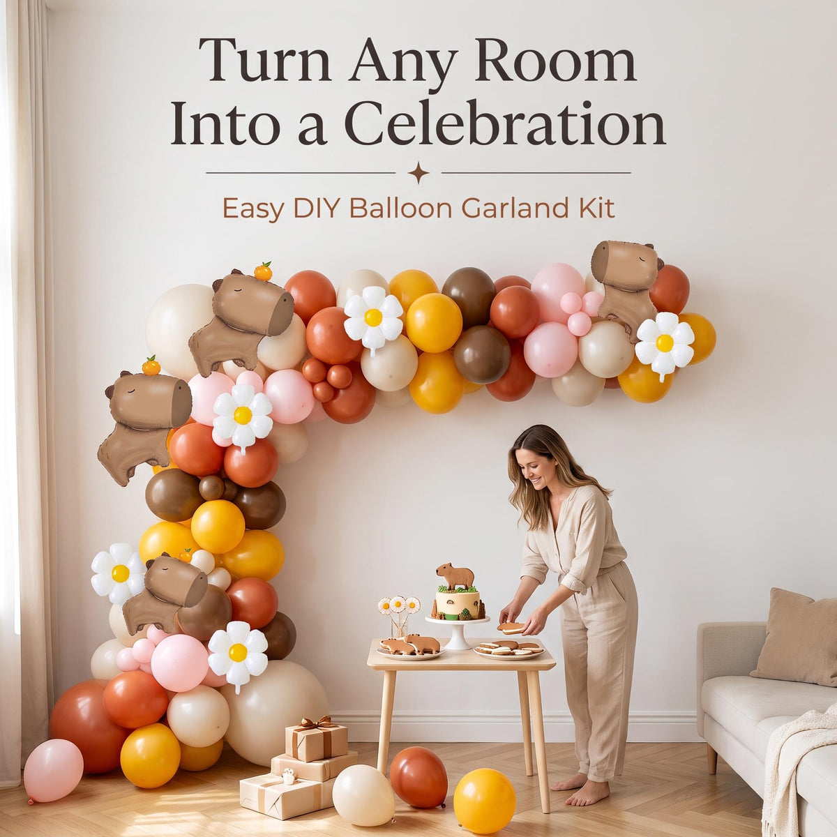 Chill Capybara (Pink Daisy) balloon garland party setup