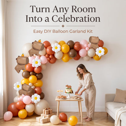 Chill Capybara (Pink Daisy) balloon garland party setup