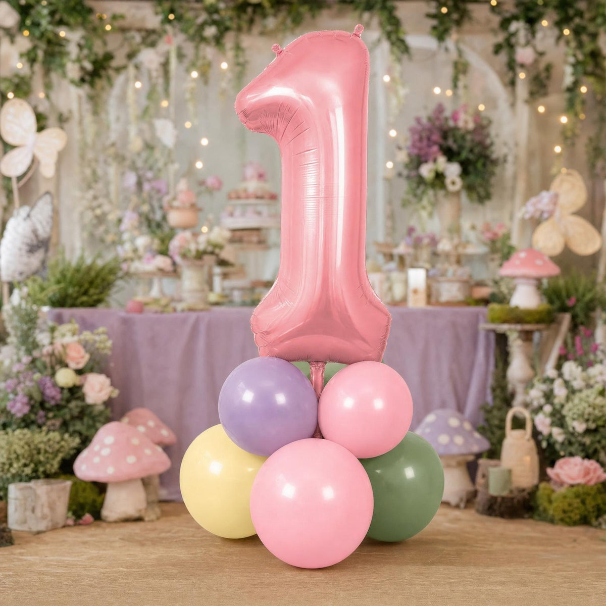 Fairy First Birthday balloon tower: 8 latex balloons topped with a Pink Mushroom foil