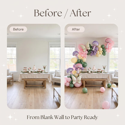 Before and after: a blank wall and the same wall with the Fairy First Birthday balloon garland