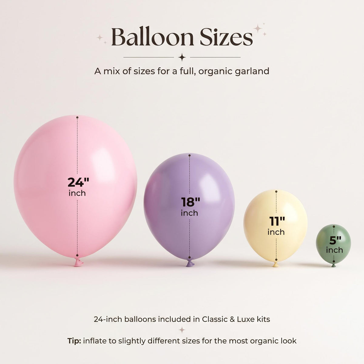 24, 18, 11 and 5 inch balloons in the Fairy First Birthday kit colors