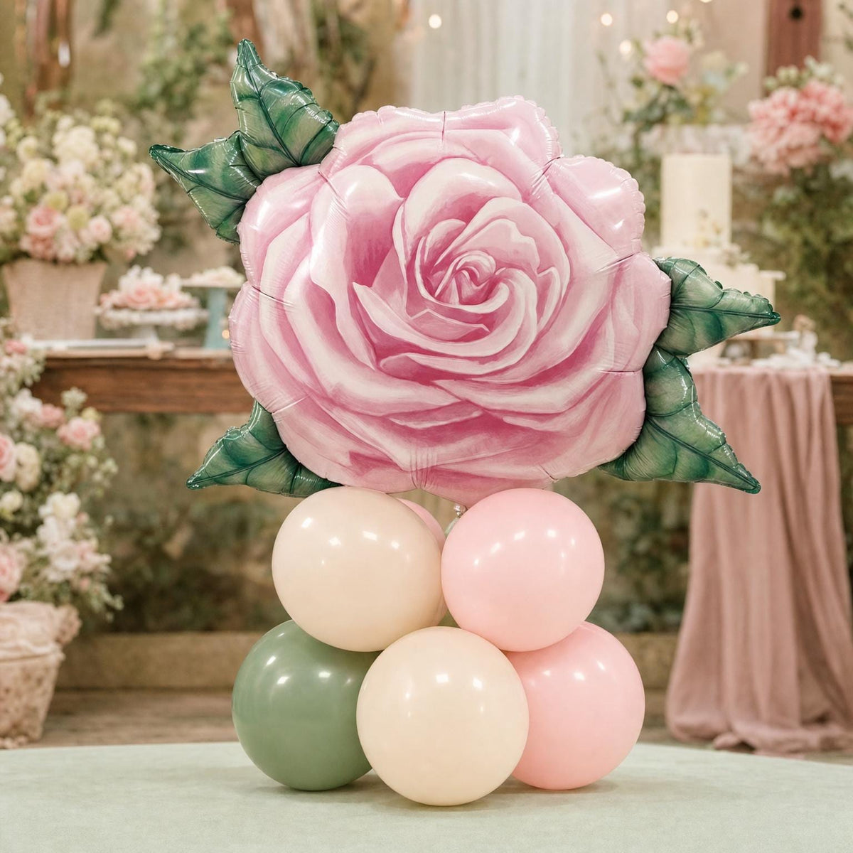 Baby In Bloom balloon tower: 8 latex balloons topped with a Pink Rose foil