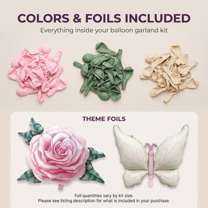 Latex colors and foil balloons included in the Baby In Bloom balloon garland kit