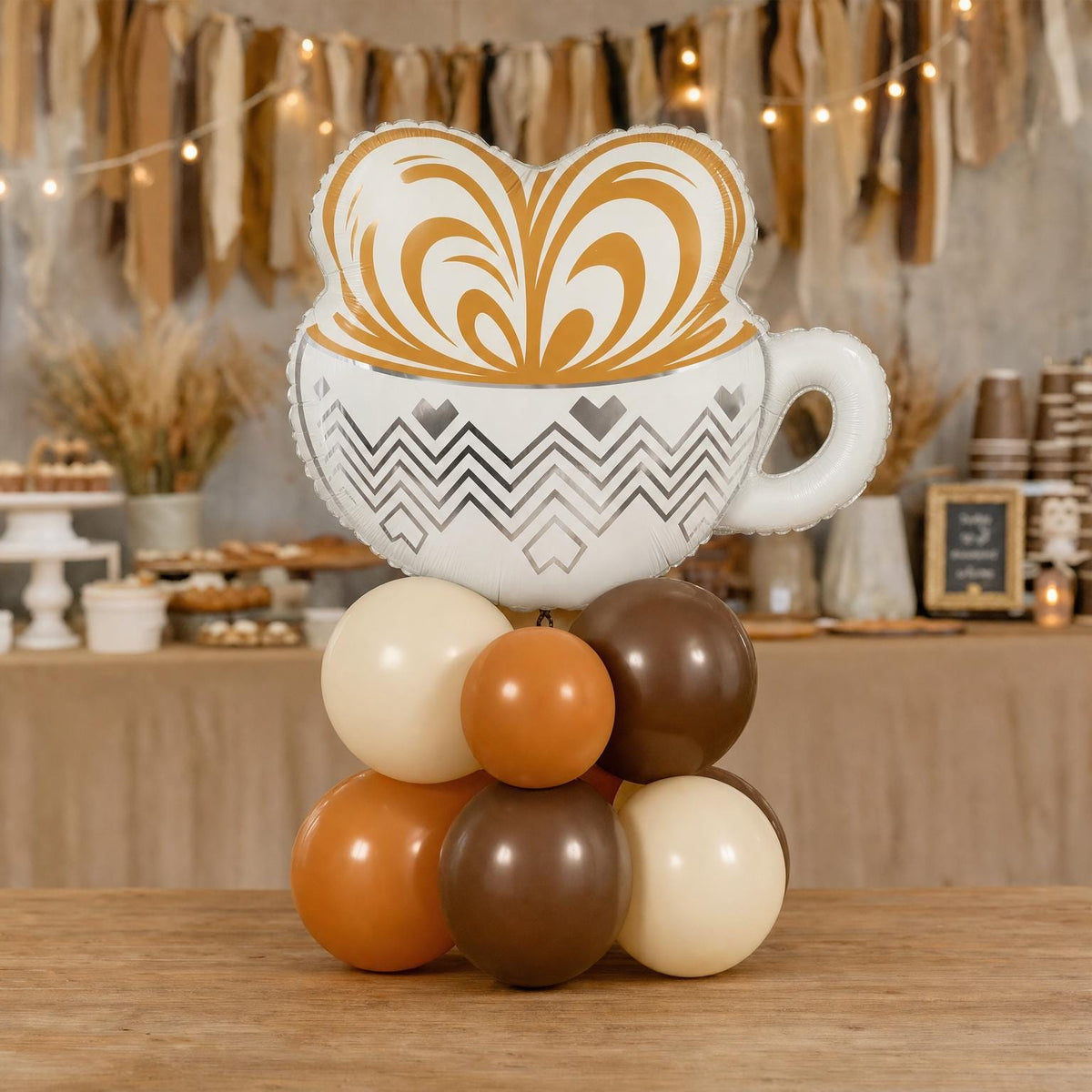 Baby Is Brewing balloon tower: 8 latex balloons topped with a Coffee Cup foil