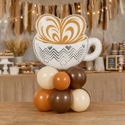 Baby Is Brewing balloon tower: 8 latex balloons topped with a Coffee Cup foil