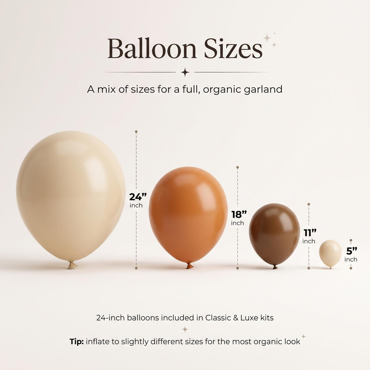 24, 18, 11 and 5 inch balloons in the Baby Is Brewing kit colors