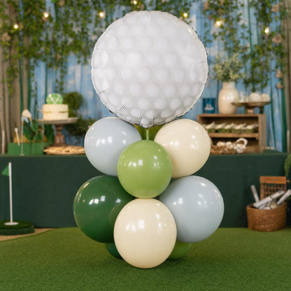 Hole In One (Golf) balloon tower: 8 latex balloons topped with a Golf Ball foil
